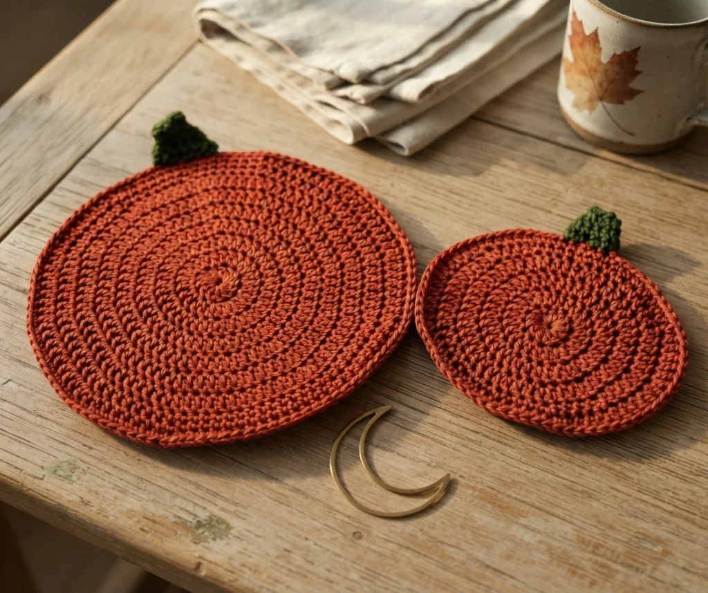 Deux pièces rondes en crochet orange, l’une plus grande que l’autre, avec des tiges vert foncé, posées sur une table en bois près d’un linge, d’une tasse et d’un petit croissant doré.