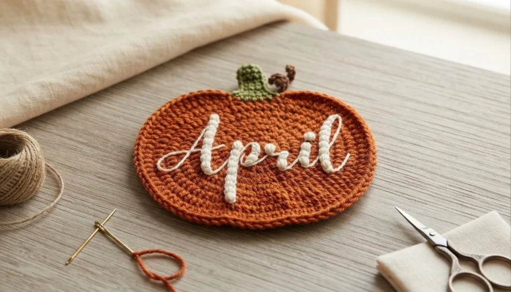 A rust-colored crocheted pumpkin coaster with a green stem and cream lettering rests on a wooden table beside sewing tools.