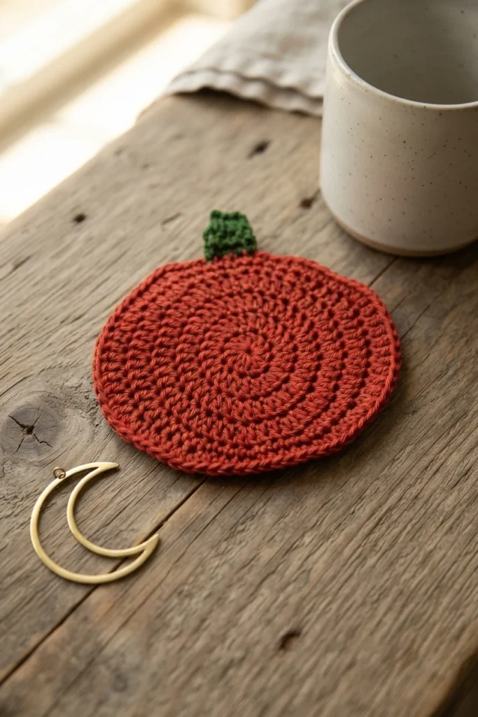 Sous-verre crocheté orange en forme de citrouille avec une tige verte, posé près d’une tasse beige et d’un ornement doré en forme de croissant.