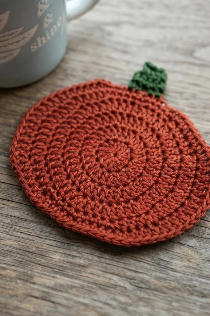 A rust-orange crocheted pumpkin coaster with a green stem lies on a wooden tabletop beside part of a blue mug.
