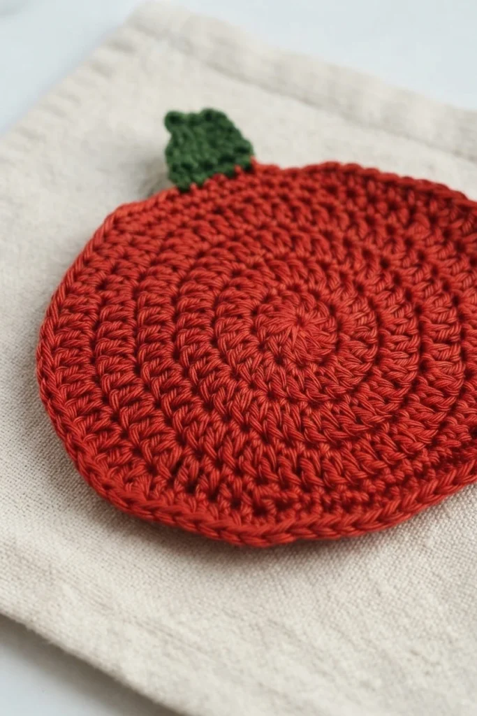A red-orange crocheted pumpkin coaster with a green stem on beige fabric.