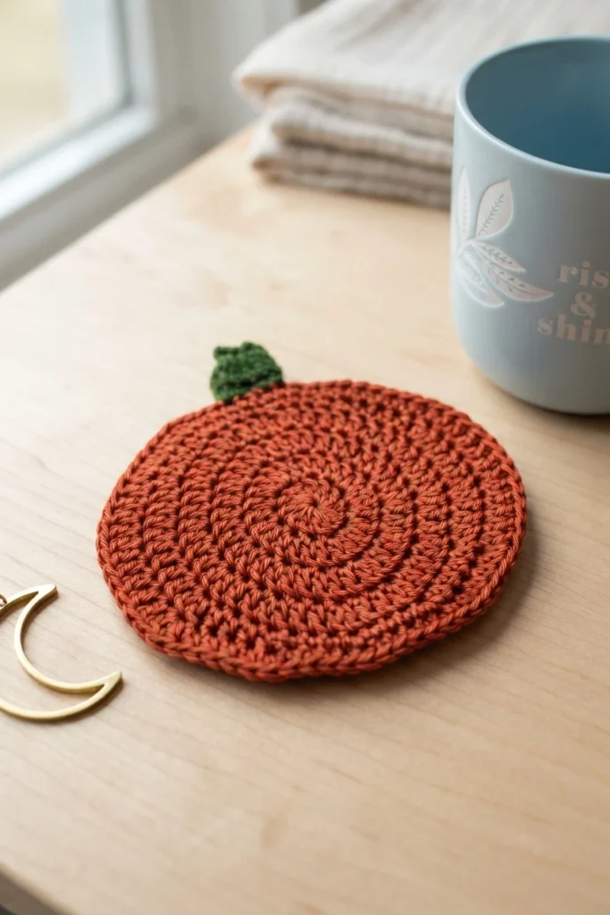 Dessous-de-verre rond en crochet orange avec une petite tige verte, posé près d’une tasse bleue sur une table claire.