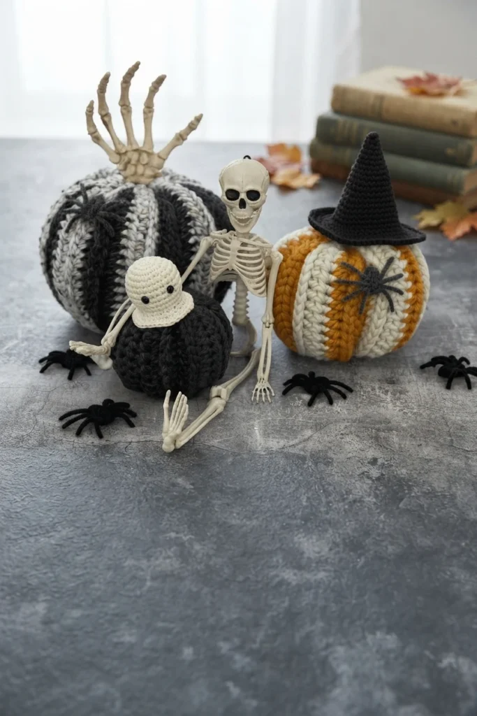 Three crocheted Halloween pumpkins, including a black pumpkin topped with a ghost, a striped pumpkin with a skeleton-hand stem, and an orange-and-cream pumpkin wearing a witch hat, surrounded by skeleton decorations and small spiders.