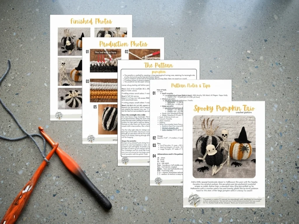 Pages de patron crochet disposées en éventail sur une surface grise, avec un crochet et un fil bleu, et des photos de citrouilles décoratives crochetées.