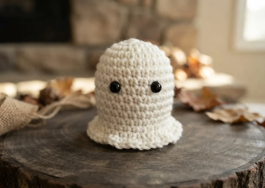 Petit fantôme au crochet blanc cassé, avec deux yeux noirs et une base évasée, posé sur une souche.