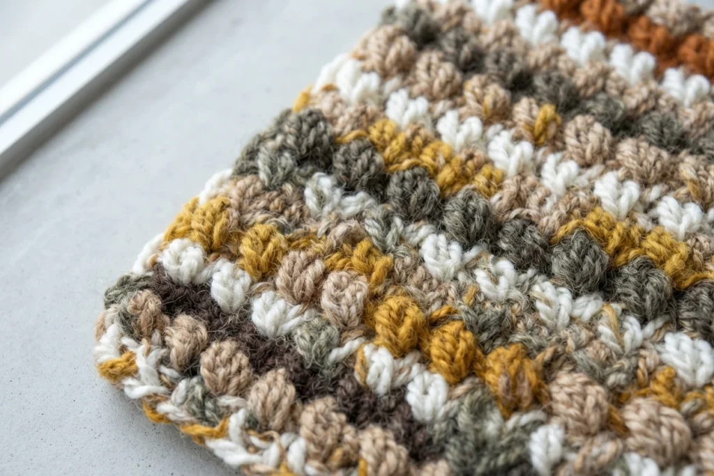 Close-up of a multicolored crocheted fabric with thick stitches.