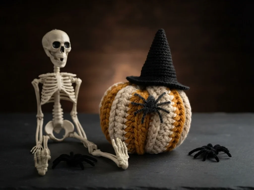 Orange-and-cream crocheted pumpkin wearing a black witch hat, with a spider on its front, beside a skeleton and a black spider on a dark surface.
