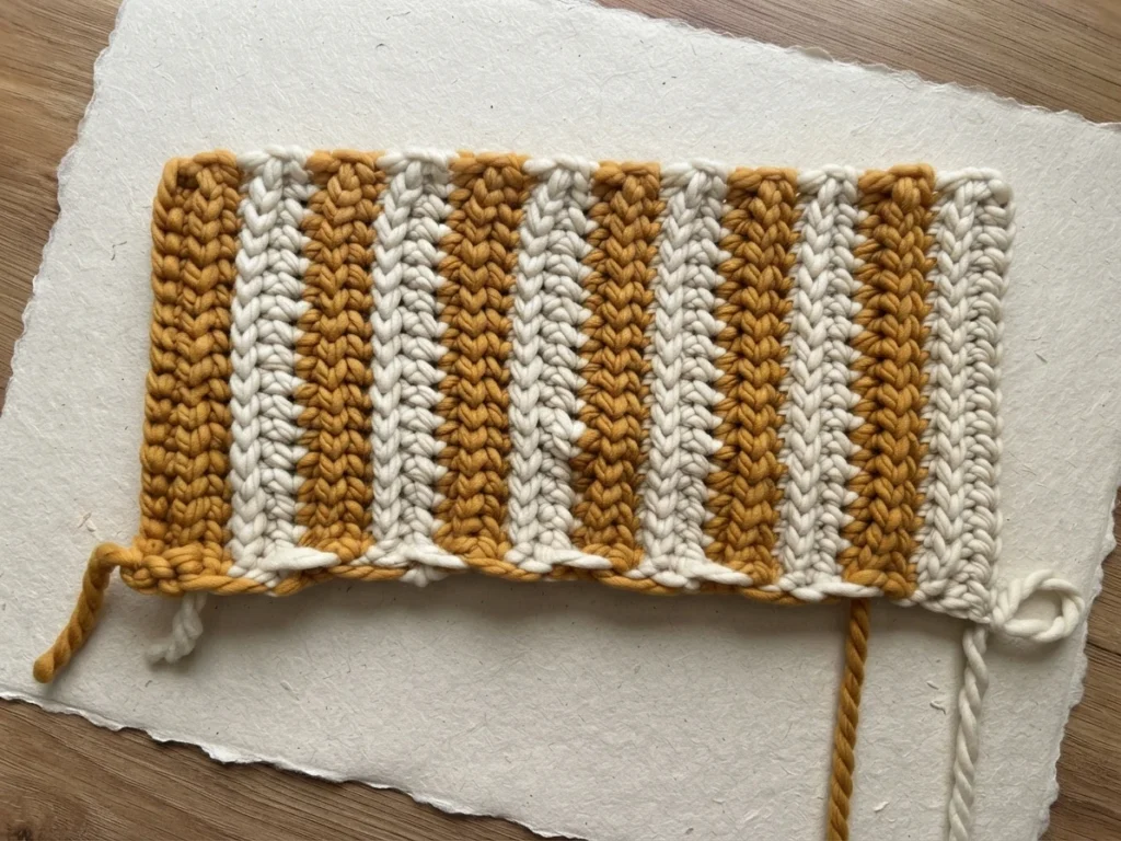 Panneau rectangulaire crocheté à plat en bandes ocre et crème, avec des fils libres sur les bords.