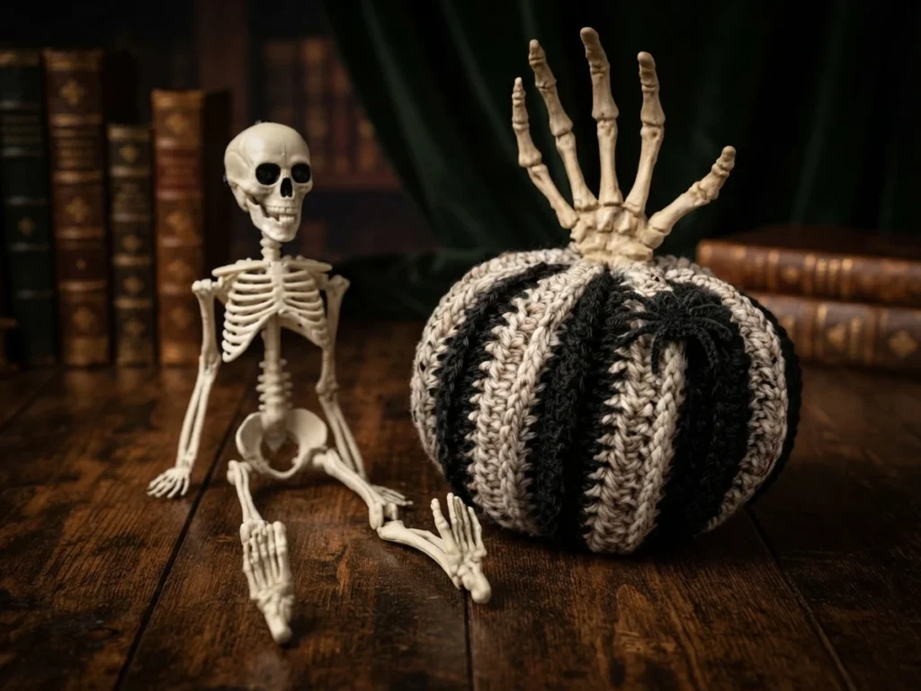 A black and cream crocheted pumpkin topped with a skeleton hand beside a small skeleton figure.