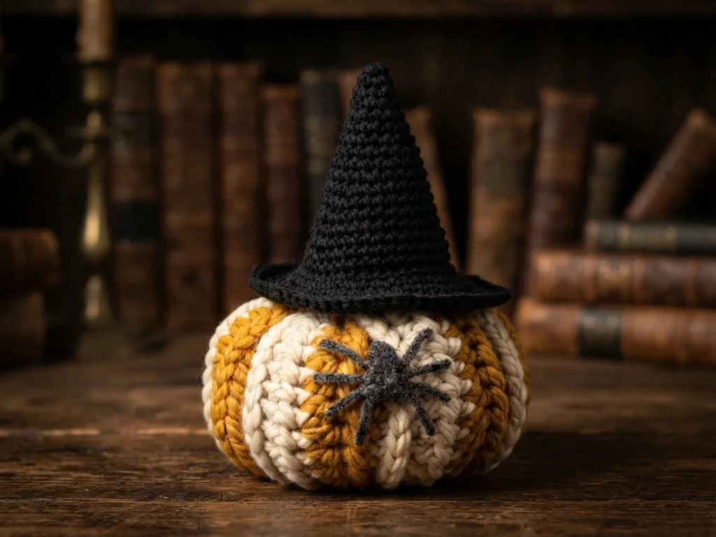 A cream and orange crocheted pumpkin with a black witch hat and a dark spider, photographed against a dim bookshelf backdrop.