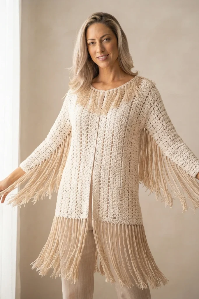 Woman standing with arms outstretched, wearing a cream crochet cardigan with long fringe along the sleeves, neckline and hem, over light trousers, against a plain beige wall.