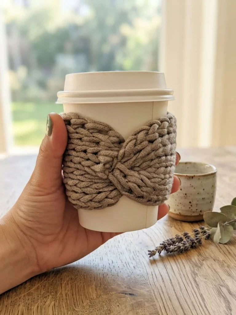 A hand holds a white takeaway cup wrapped in a chunky taupe crochet sleeve with a crossed bow-like front.