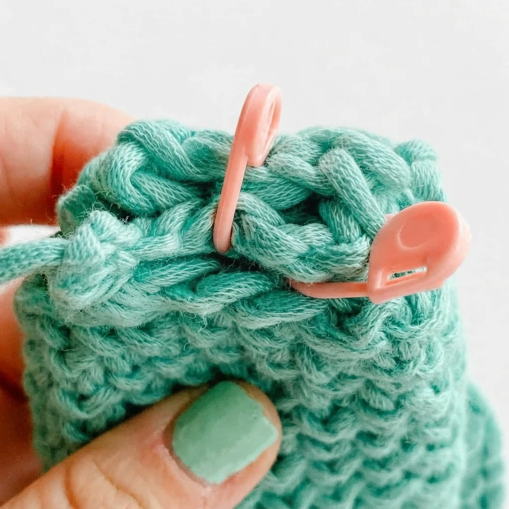 Close-up of turquoise crochet fabric held in a hand, with two pink stitch markers attached.