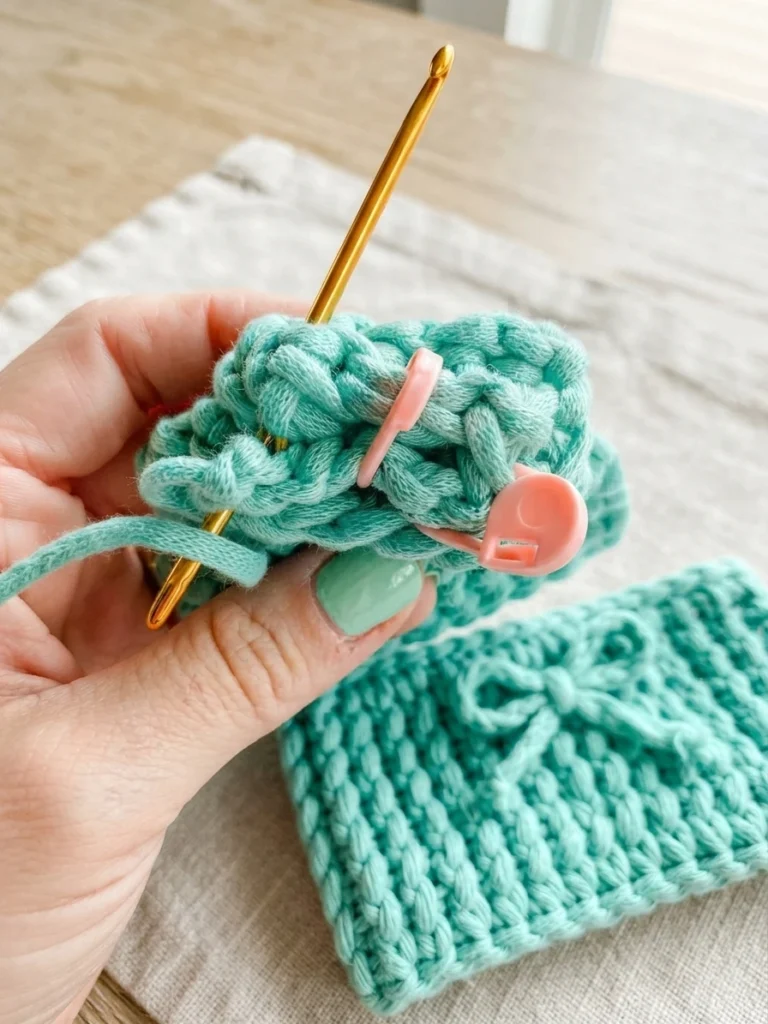 A hand holds a turquoise crochet piece with a gold hook and pink stitch marker, while a larger crocheted panel rests below.