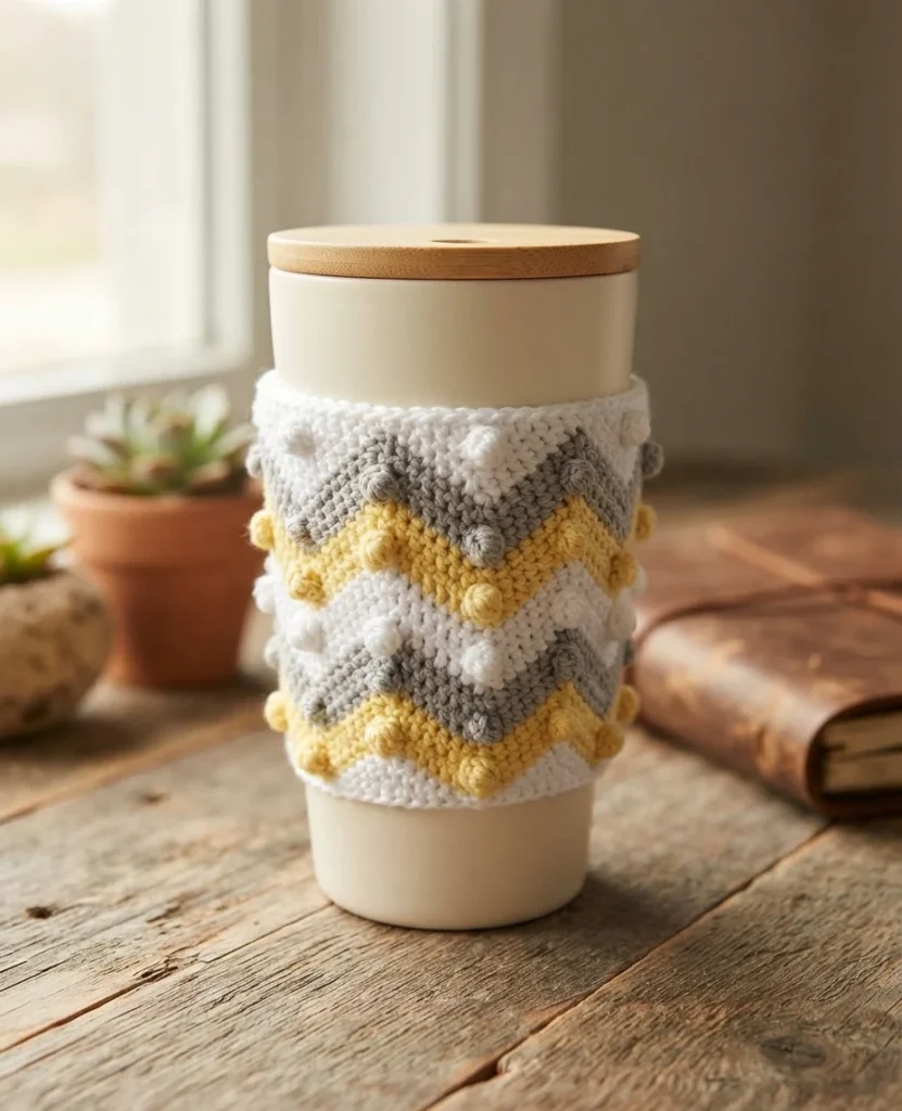 Housse de tasse crochetée blanche, grise et jaune à motif zigzag et pompons, autour d’une tasse avec couvercle en bois.