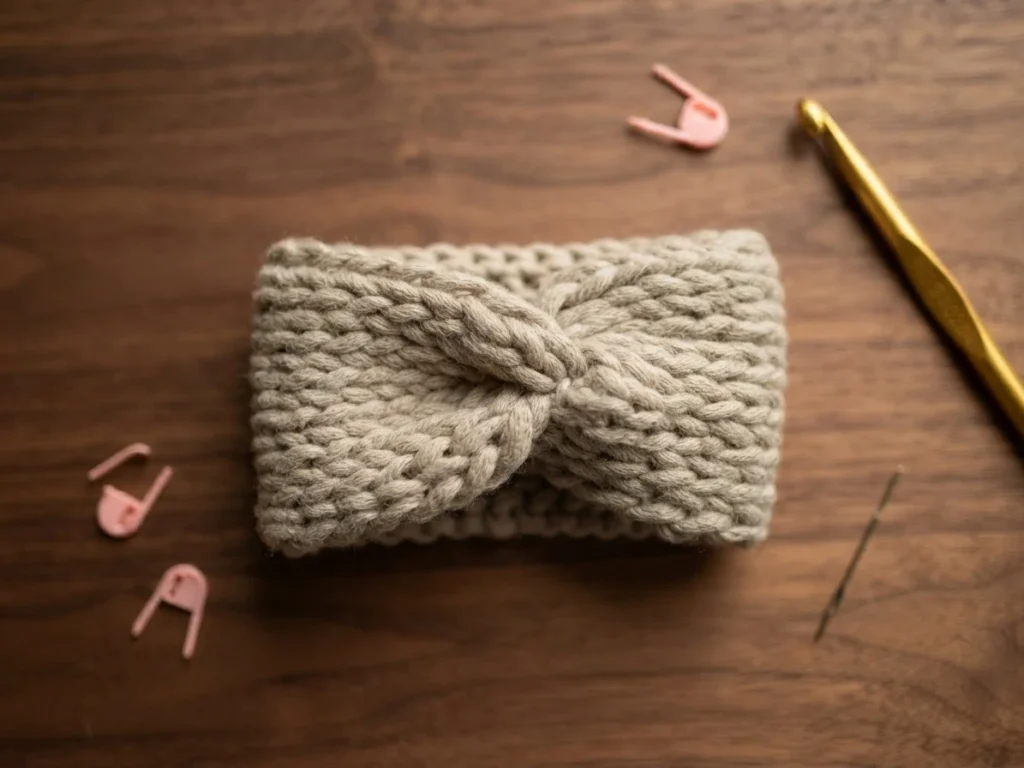Manchette de tasse au crochet beige avec un nœud central, posée à plat sur une table en bois avec des marqueurs et un crochet à proximité.