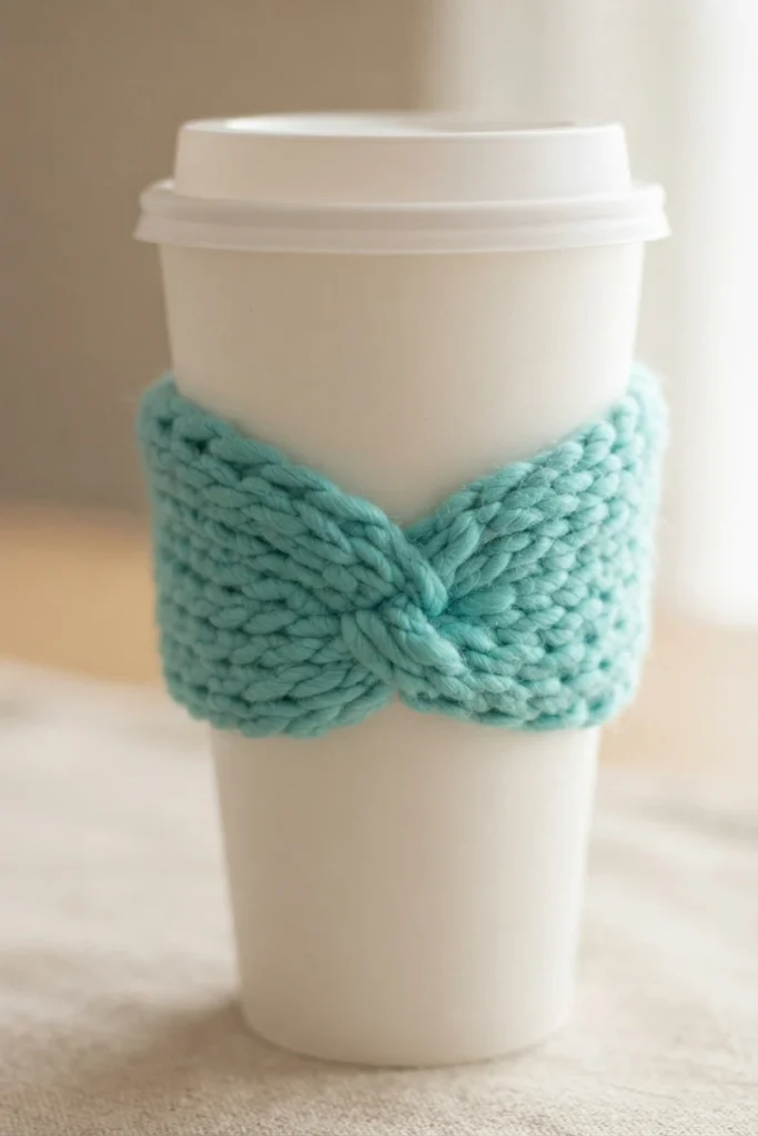 A hand holds a white takeaway cup wrapped in a thick gray-beige crocheted sleeve with crossed stitches at the front.