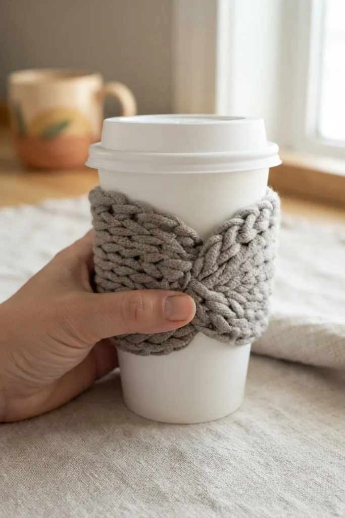 A hand holds a white takeaway cup wrapped in a thick gray crochet sleeve with a crossed bow-like front.