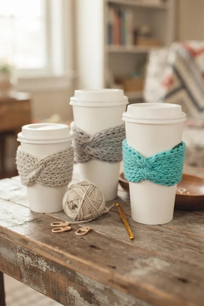 Three takeaway cups wearing crocheted sleeves in taupe, gray, and turquoise, displayed with yarn and crochet accessories.