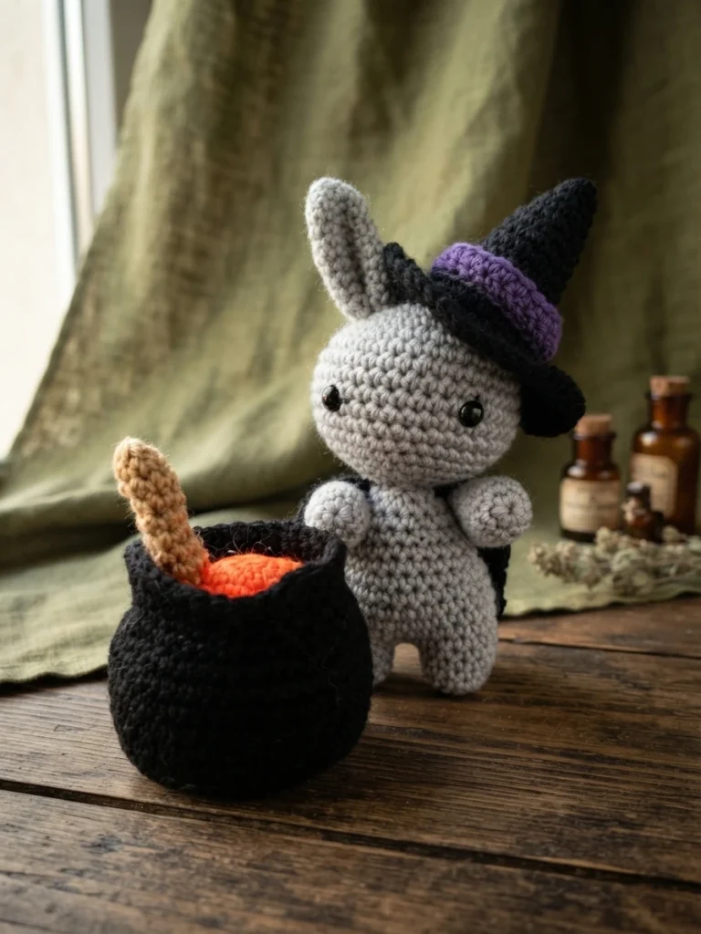 Crocheted grey bunny wearing a black witch hat with a purple band and a black cape, standing beside a black cauldron filled with orange yarn and a stirring stick on a wooden table.