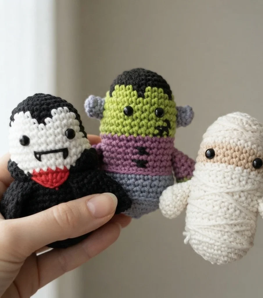 Three small crocheted Halloween figures held in a hand: a vampire in black with a white face and red mouth, a green faced monster in purple and grey with grey ears, and a white wrapped mummy, shown against a plain light wall.