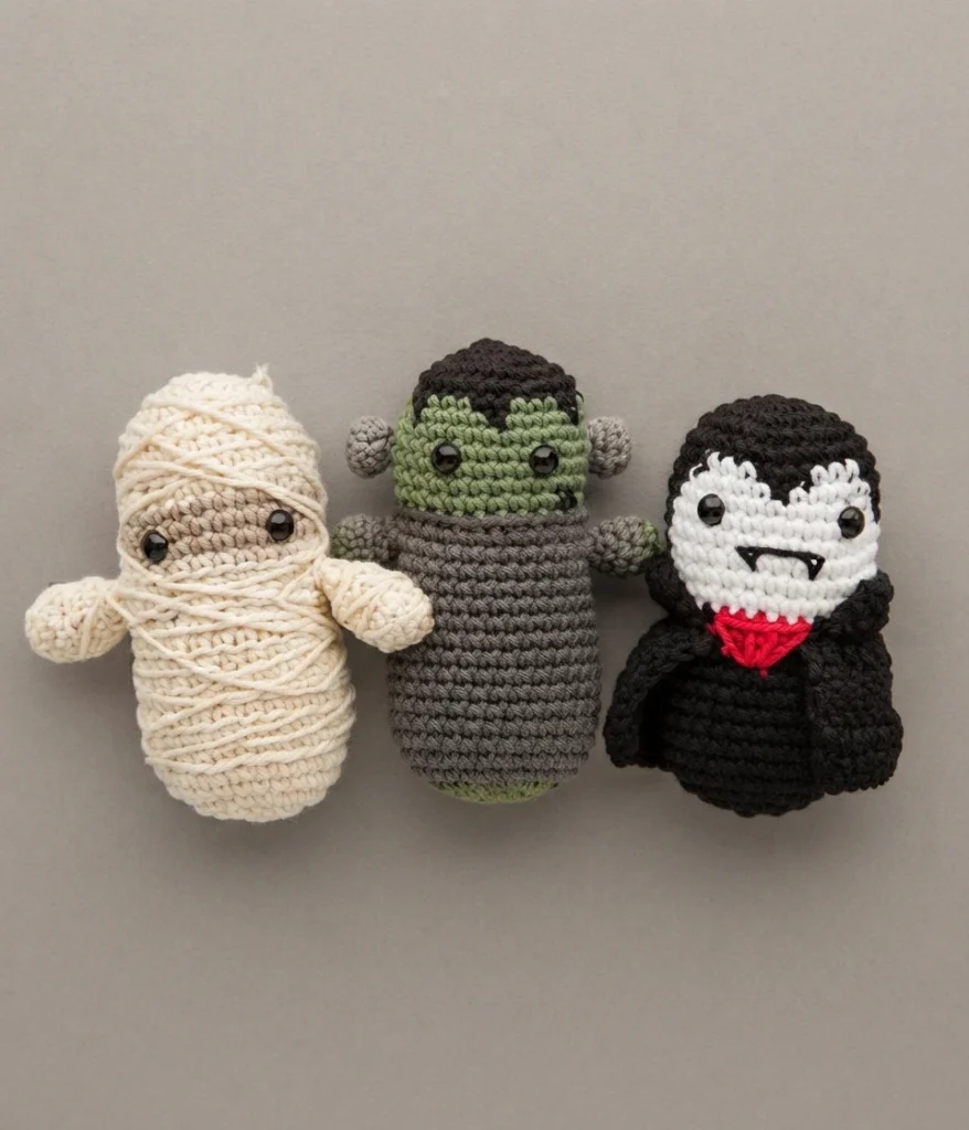 Three crocheted Halloween amigurumi lined up on a plain gray background: a cream bandage wrapped mummy with black eyes, a green faced monster with a gray body and small ears, and a black vampire with a white face, black eyes and a red bow a