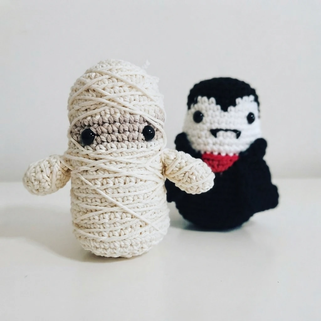 Two crocheted amigurumi figures on a plain white surface: a cream mummy wrapped in yarn strands with black bead eyes in front, and a black and white vampire with a red bow and black bead eyes behind it.