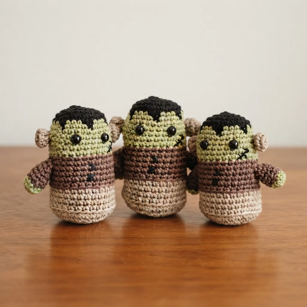 Three small crocheted amigurumi figures with black hair, green faces, brown bodies and beige bases standing side by side on a wooden table against a plain light wall.
