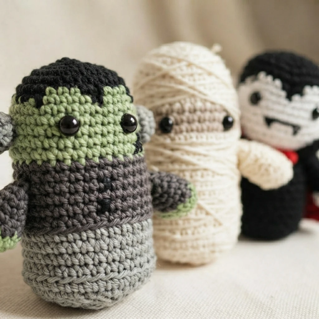 Three crocheted amigurumi toys on a light beige background: a green-faced monster with black hair and a gray body, a cream yarn-wrapped mummy, and a black vampire with a white face and a small red collar detail.