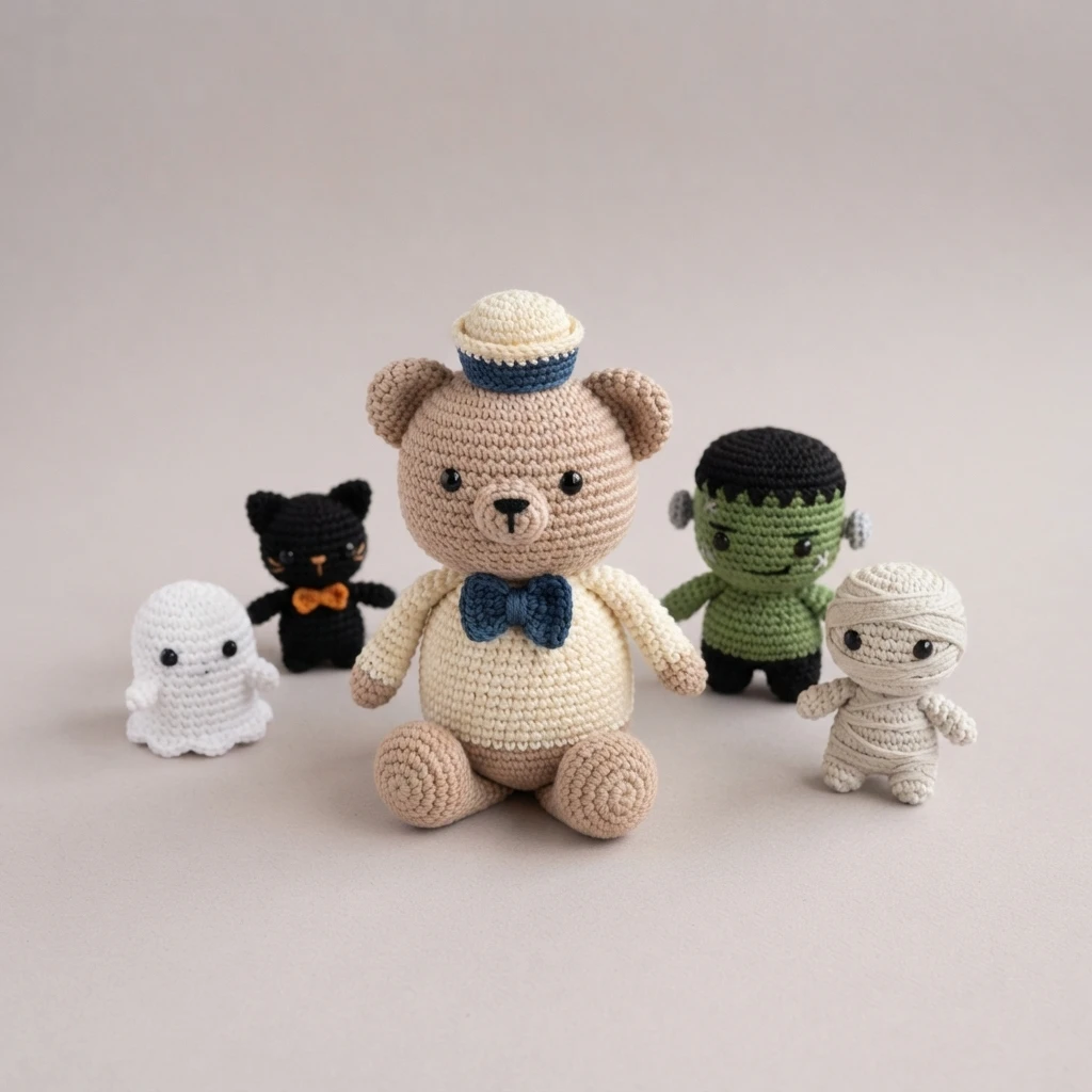 Groupe d'amigurumis en fil crocheté sur fond gris clair : un grand ours beige portant un chapeau de marin crème et bleu marine avec un nœud papillon bleu marine, entouré d'un petit fantôme blanc, d'un chat noir à nœud orange, d'un monstre v