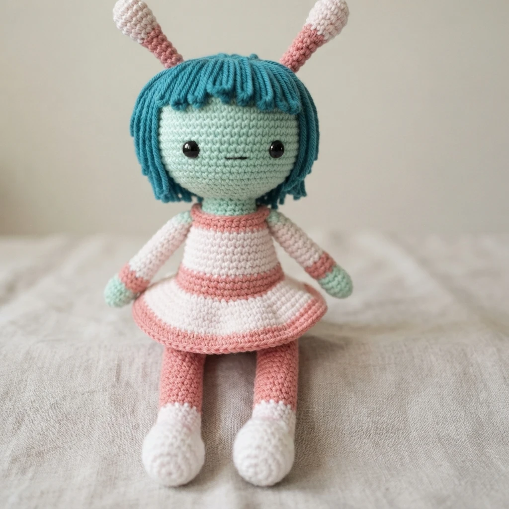 Crocheted amigurumi doll with teal yarn hair, a mint green face with two small black eyes, a pink and white striped dress with a flared skirt, pink legs and white boots, and two long antennae, sitting on light fabric.