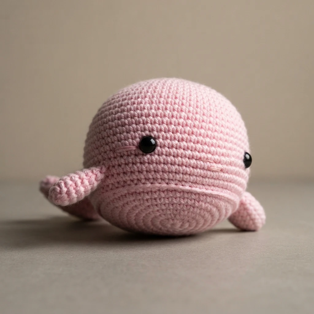 Crocheted pink whale amigurumi with two black safety eyes and small side fins, shown in side view on a plain neutral surface.