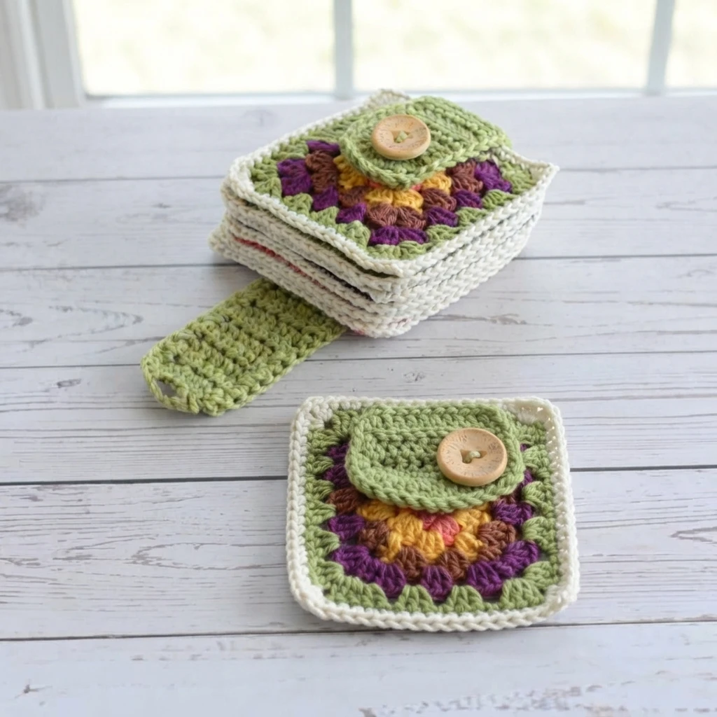 Stack of square crochet coasters with a colorful granny square center, a green flap with a wooden button and a matching strap, arranged on a white wooden table.