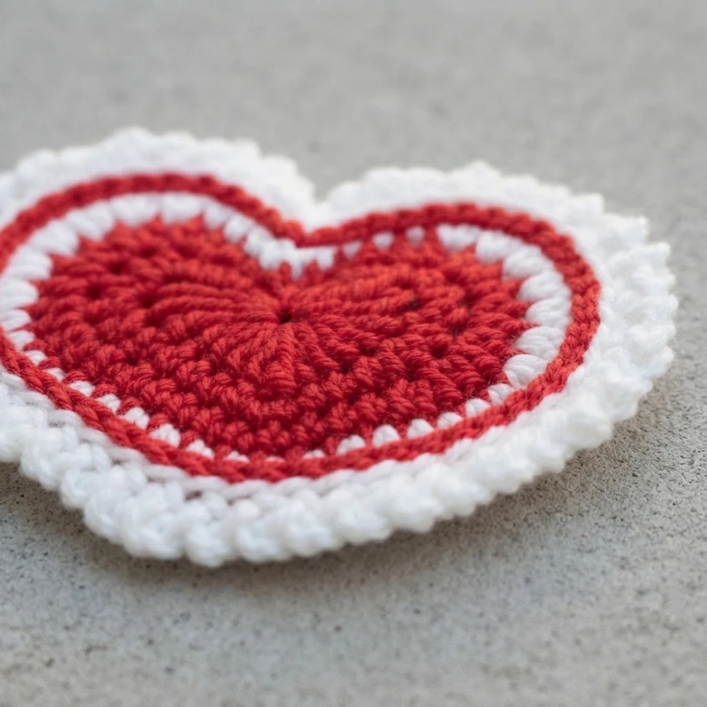 Crochet heart coaster in red and white with a white scalloped border, resting on a gray textured surface.