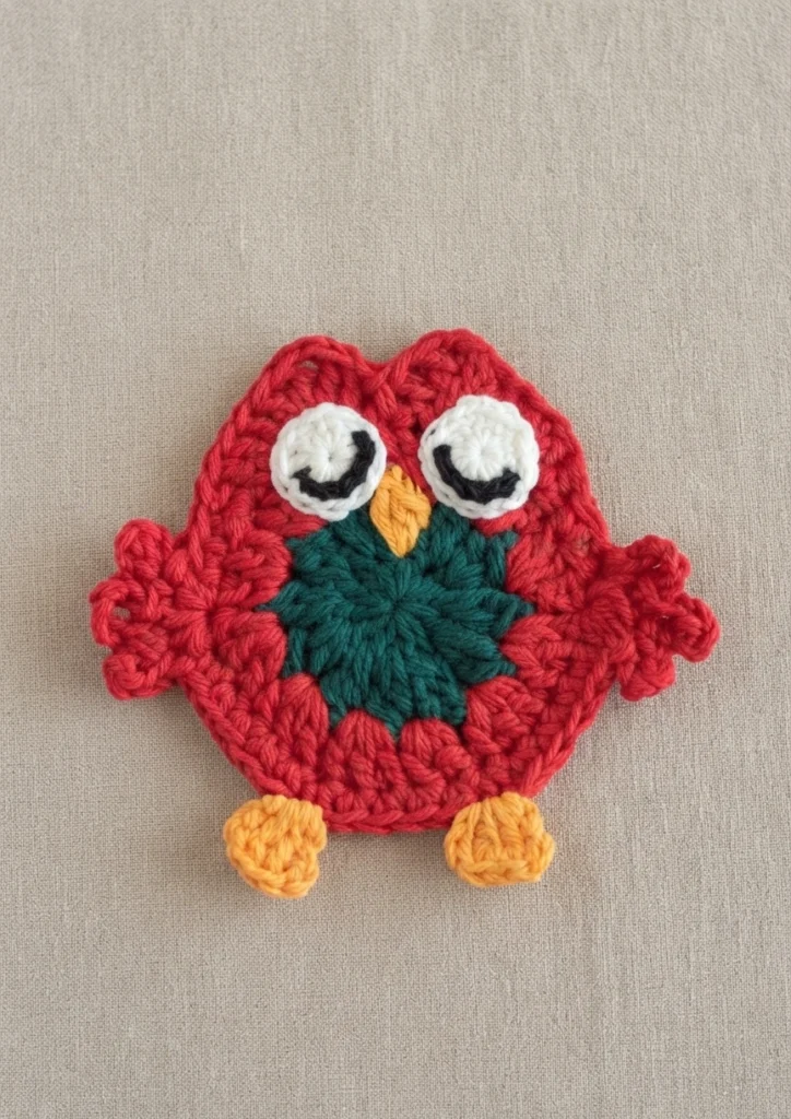 Finished crochet owl coaster in red yarn with a dark green center, white eyes with black accents, and a yellow beak and feet, lying flat on a plain beige woven fabric.