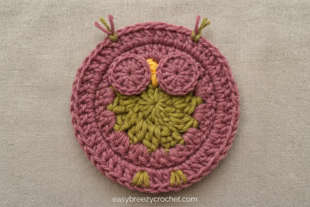 Round crochet coaster with a pink outer ring, olive green center, two raised pink eye circles, a small orange beak and short yarn tufts, lying flat on beige fabric.