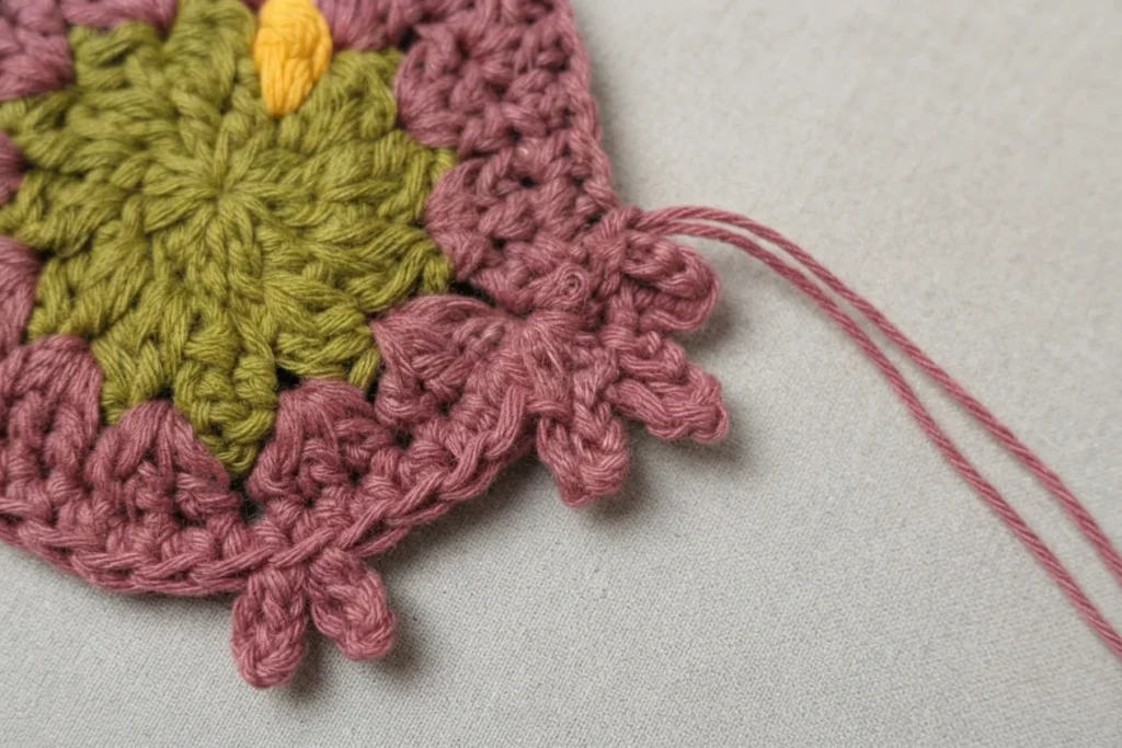 Close-up of a crocheted owl coaster body in progress, showing an olive green center, a mauve scalloped border with pointed wing shapes and a small yellow beak, with a loose pink yarn tail extending to the right on light gray fabric.