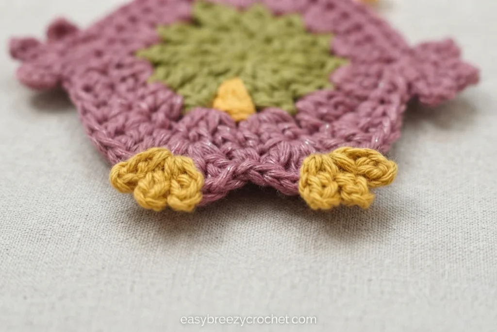 Close-up of the lower edge of a pink crochet owl coaster with a green center, showing two small yellow crocheted feet attached at the bottom.