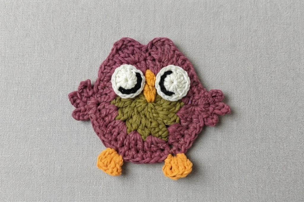Crocheted pink owl coaster with white eyes and black pupils, an olive green chest, an orange beak and two orange feet, lying flat on a plain gray fabric surface.