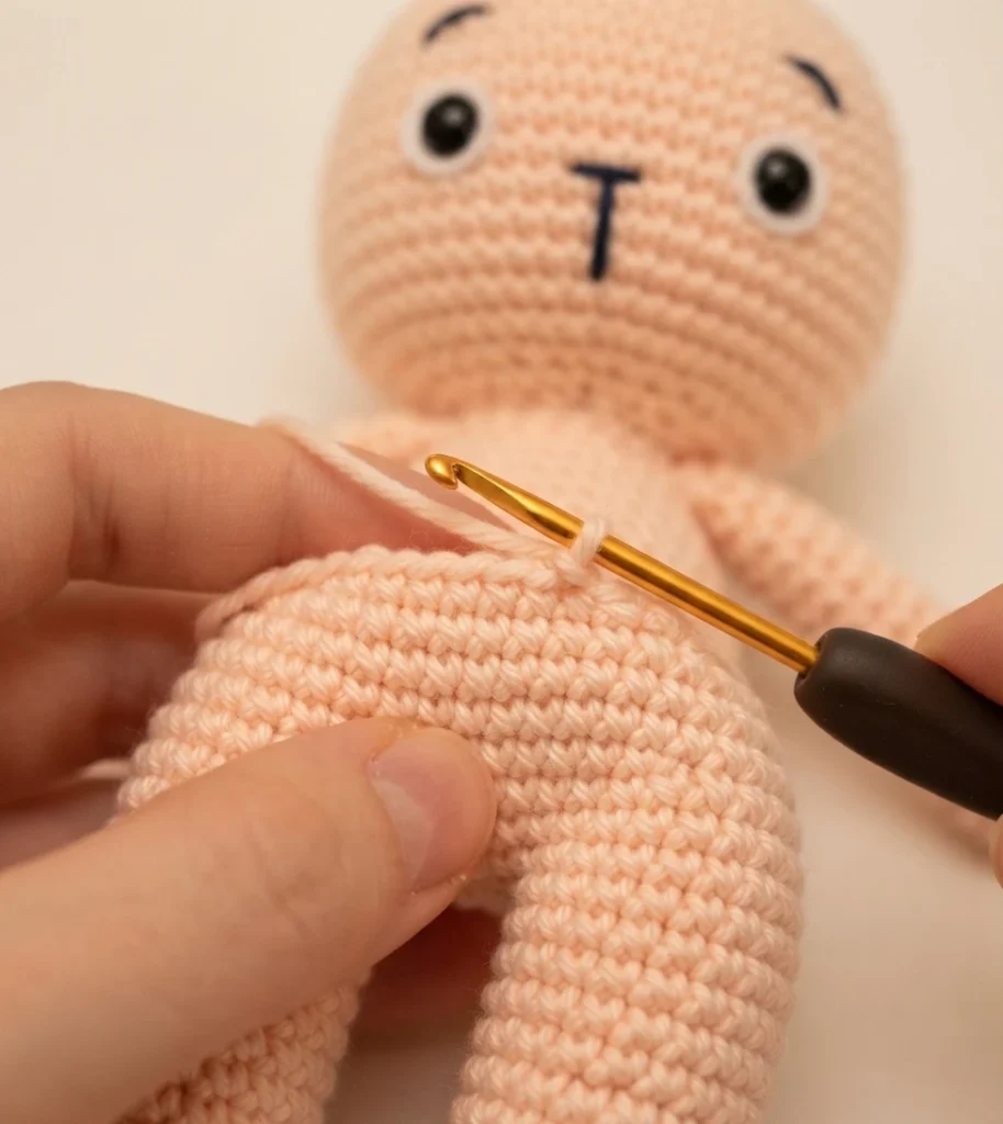 Close-up of hands holding a gold crochet hook working peach yarn into a small amigurumi piece, with a peach doll head and legs blurred in the background.