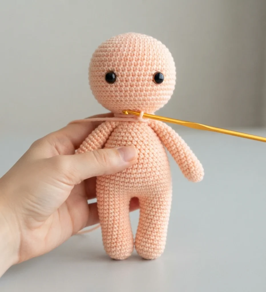 Hand holding a peach crocheted doll body with a round head, two arms and two legs worked in one piece, two small black eyes on the face and a gold crochet hook inserted at the neck.