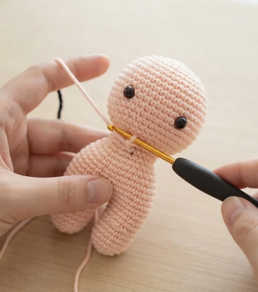 Two hands hold a small peach-colored crocheted amigurumi figure with two black bead eyes while a gold crochet hook with a black handle works pink yarn, on a light wood surface.