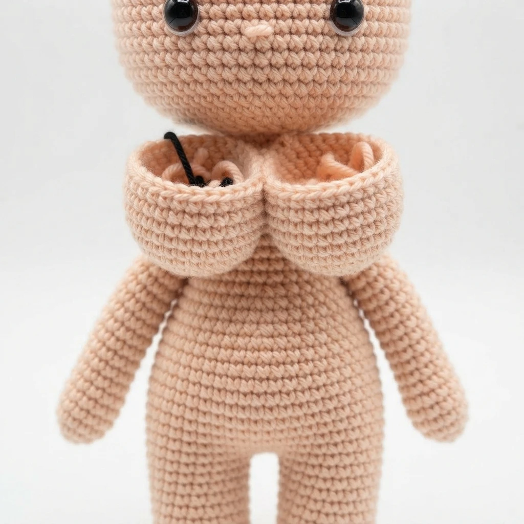 Skin-colored crocheted amigurumi doll with black safety eyes, two open cup-shaped crochet pieces attached at chest height with black yarn ends inside, arms and legs visible, on a plain light background.