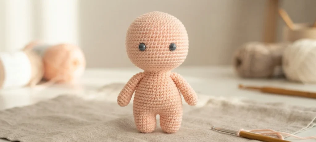 Peach crocheted amigurumi doll with two black safety eyes and small arms and legs, standing on a beige cloth with balls of yarn and a crochet hook nearby