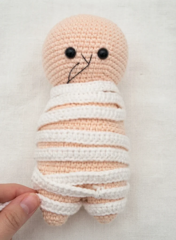Crocheted mummy amigurumi in peach yarn with black safety eyes and an embroidered black mouth, wrapped in white crocheted strips around the body and legs, with a hand holding the loose end at the lower left on a white fabric background.