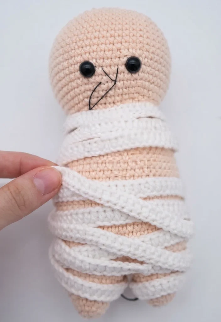 Crocheted mummy amigurumi with a peach-colored head, black safety eyes and a stitched mouth, its body wrapped in white crocheted strips, held by a hand against a plain pale background.