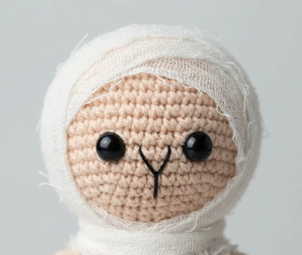 Close-up of a crocheted mummy doll head wrapped in white gauze, with two black safety eyes and a black embroidered nose and mouth on a peach coloured face.