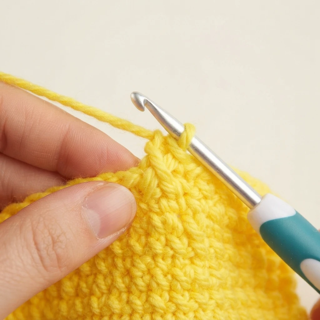 Close-up of hands holding yellow crochet fabric while a crochet hook with a teal handle is inserted into the next stitch, with a loop of yellow yarn on the hook.