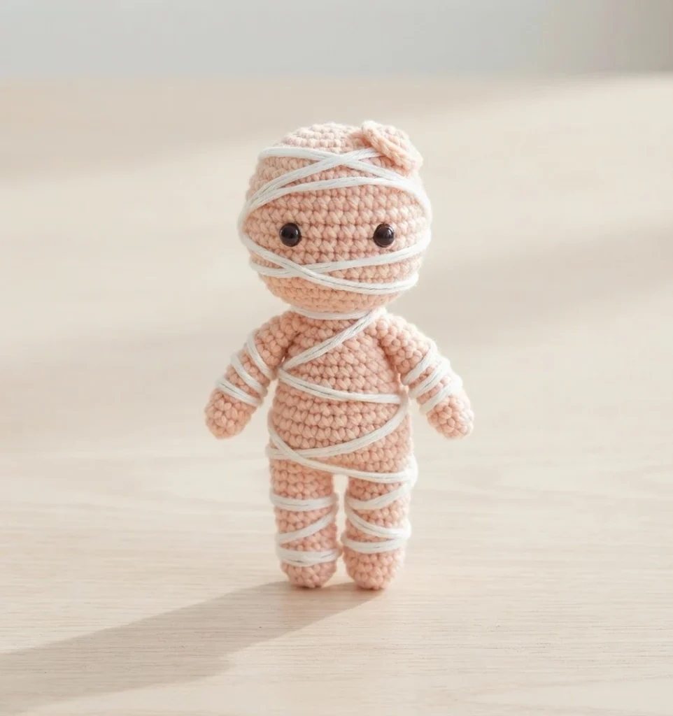 Crocheted mummy amigurumi doll in pale pink yarn with white yarn strips wrapped around its head, body, arms and legs, and two dark round safety eyes, standing on a light wooden surface.