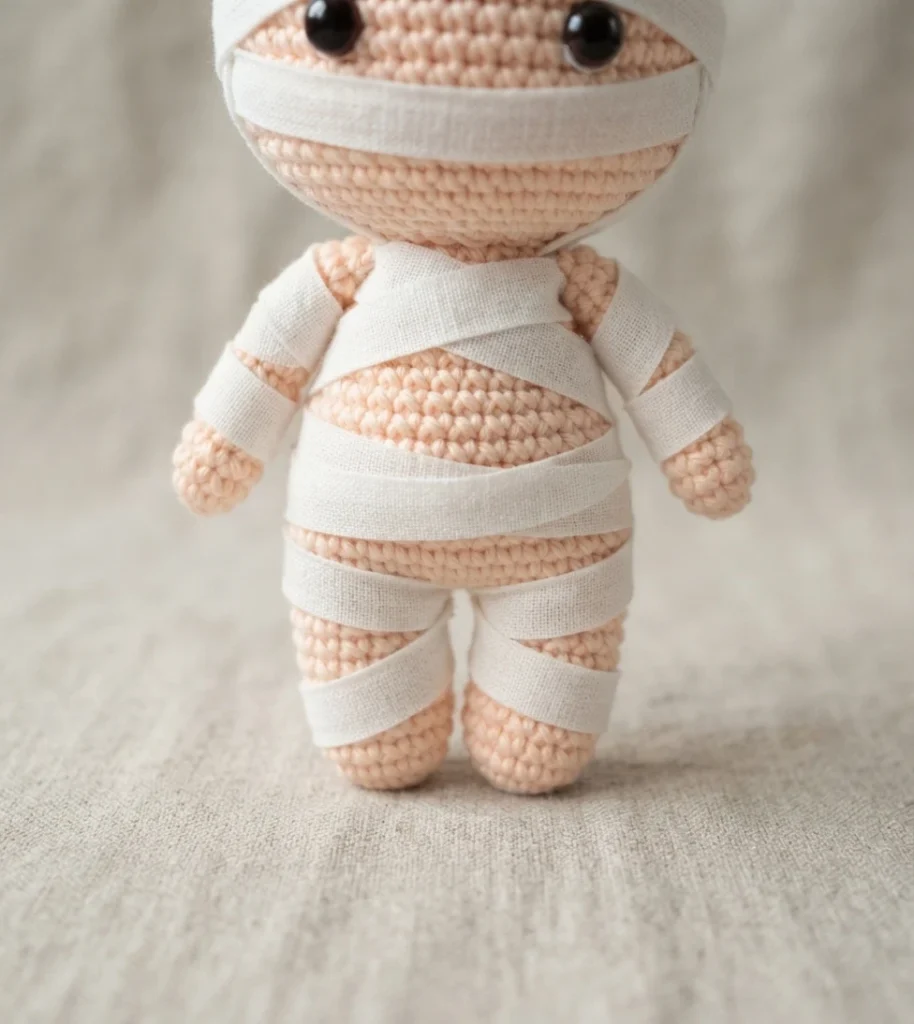 Crocheted mummy amigurumi doll in peach yarn wrapped with white fabric strips, with black safety eyes, standing on gray textured fabric